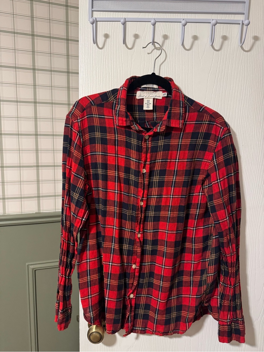 H&M Red Plaid Button-Down Shirt with Navy and Cream